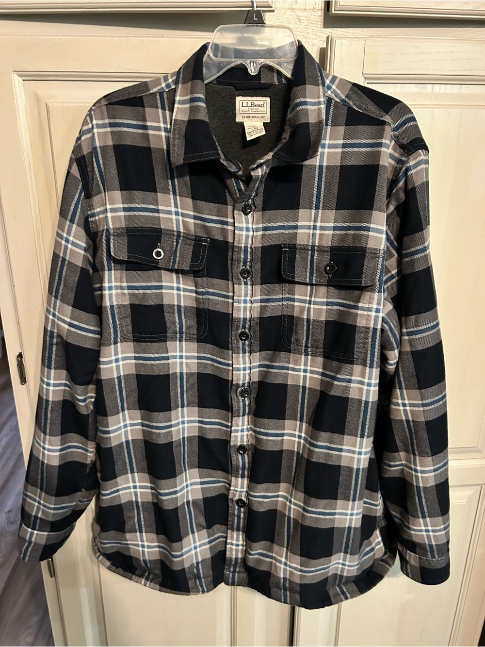 L.L. Bean Fleece Lined Flannel Shirt Jacket Mens Large Plaid Coal Tradition Fit
